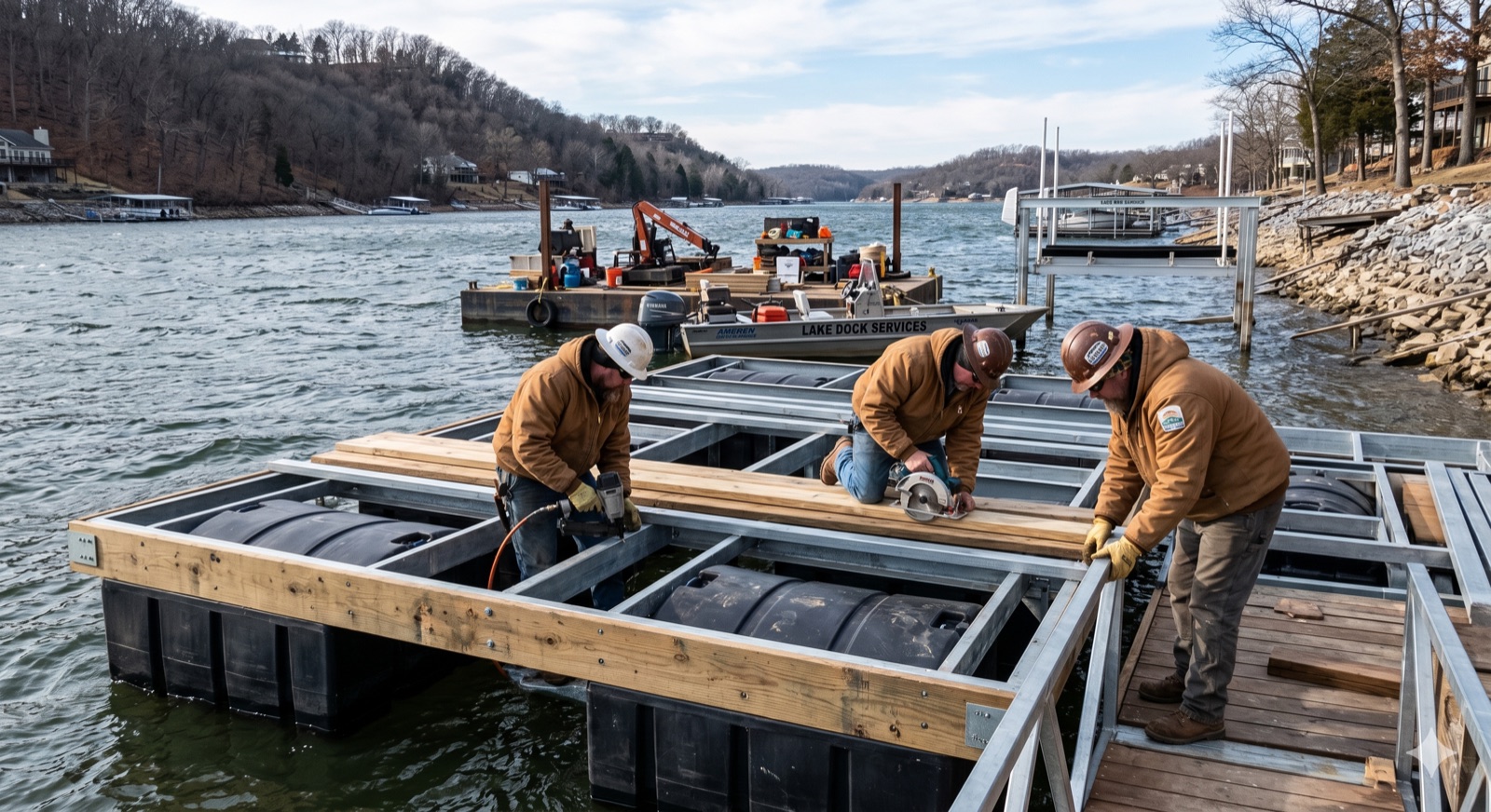 Crew building a steel-frame floating dock at Lake of the Ozarks
