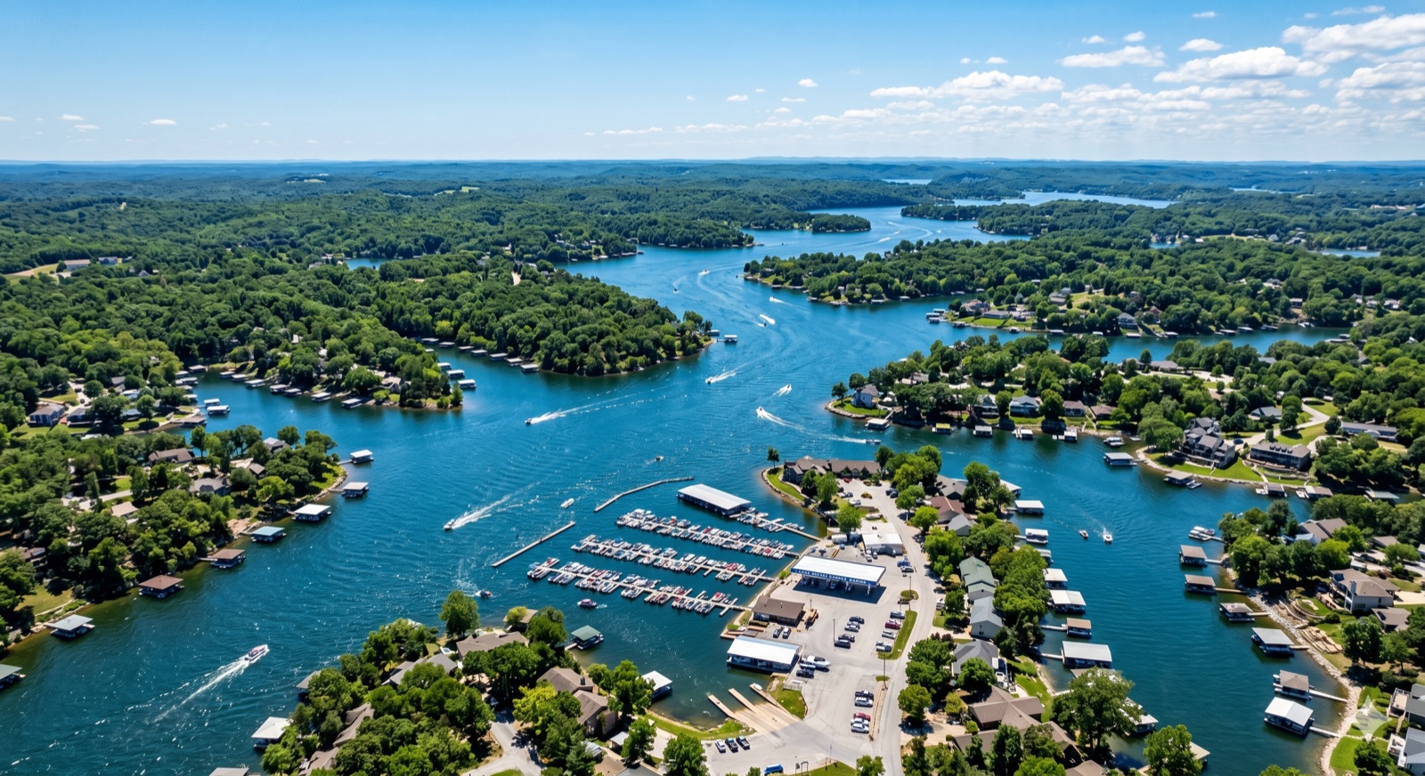 Aerial view of Lake of the Ozarks marinas and waterfront communities